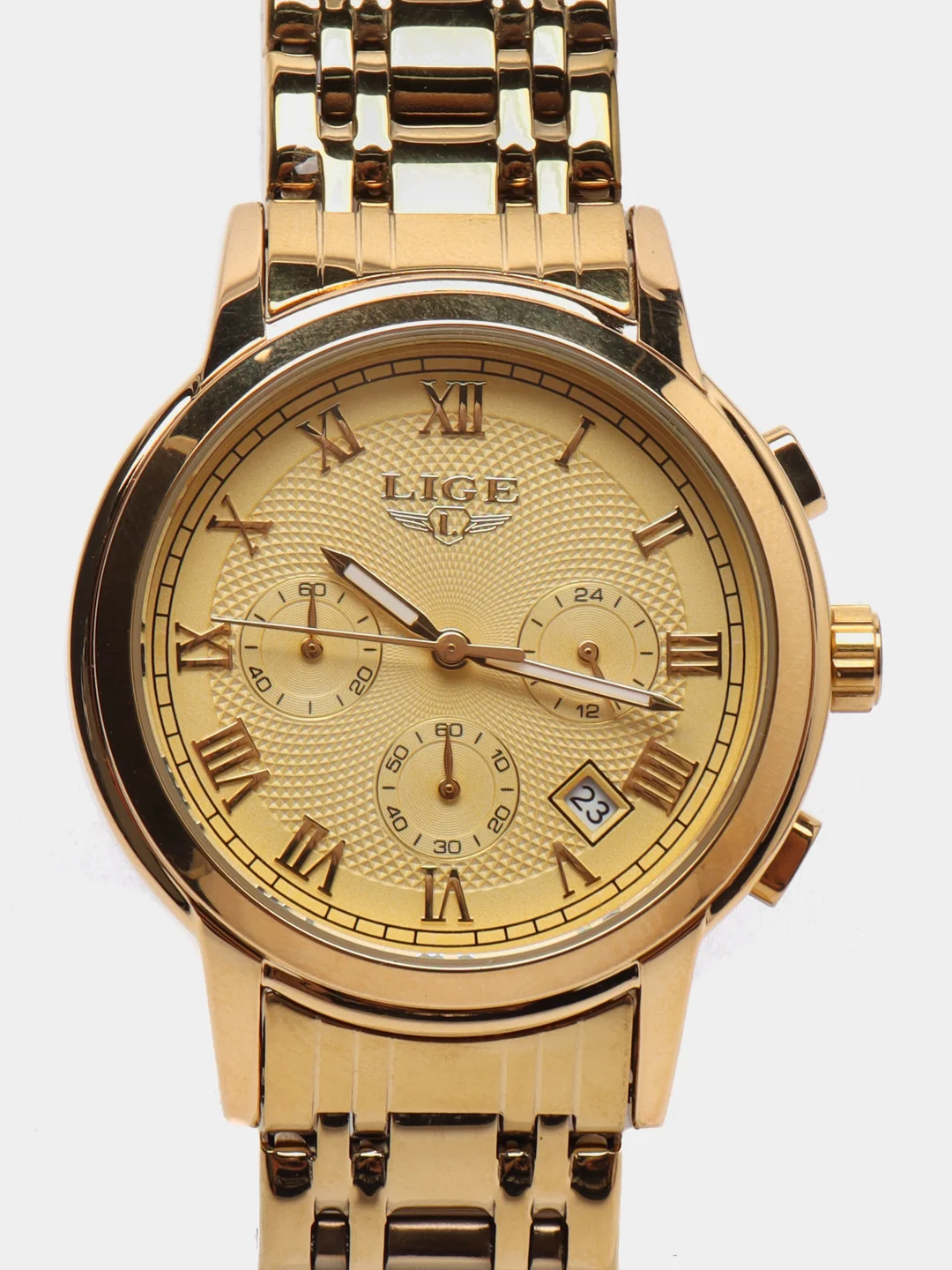 Золотой мужские наручные часы Lige LG9849 c хронографом, в подарочной упаковке