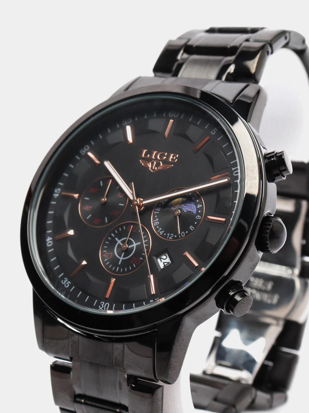 Угольный мужские наручные часы Lige LG9877 c хронографом, в подарочной упаковке