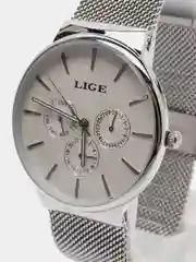 Серебряный мужские наручные часы Lige 9868 с хронографом в подарочной упаковке