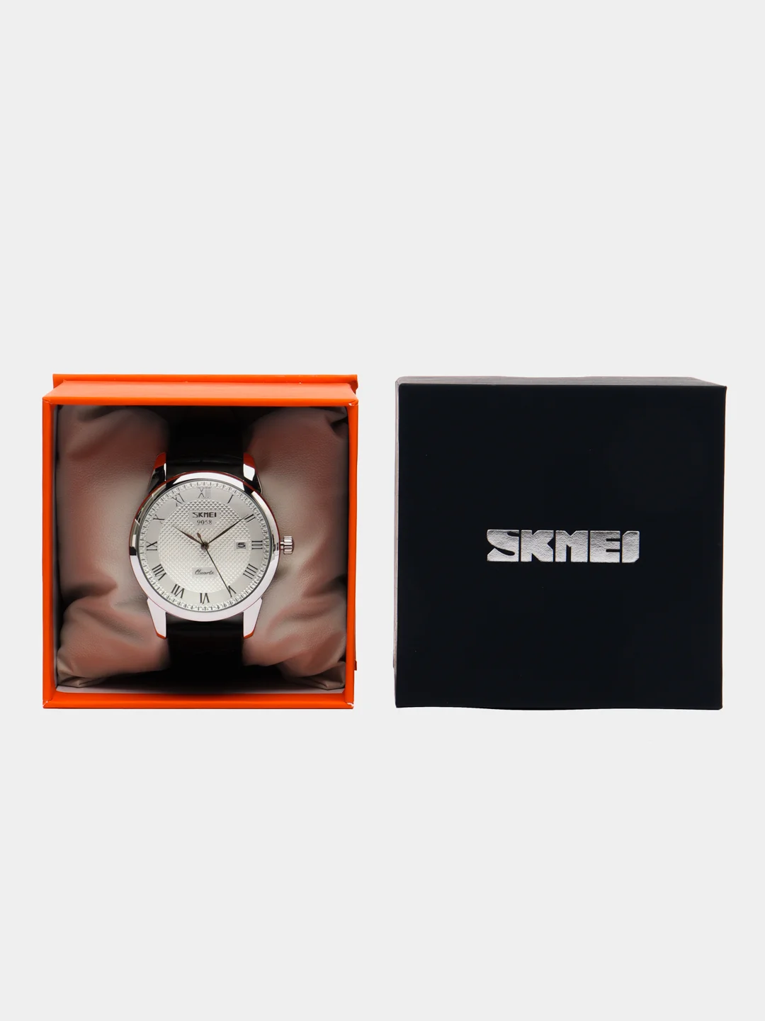 Серебряный мужские наручные часы Skmei 9058G с календарём в подарочной упаковке