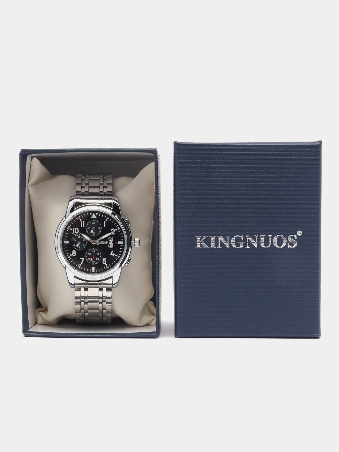 Серебряный мужские наручные часы KINGNUOS K-1756 с календарем в подарочной упаковке