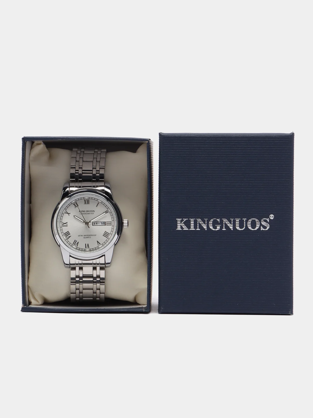 Серебряный мужские наручные часы KINGNUOS K-1758, с календарем, в подарочной упаковке