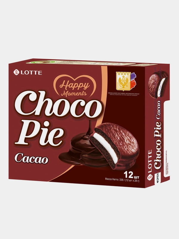 Печенье прослоенное глазированное Lotte Chocopie Cacao, упаковка 336г (28г х 12шт)