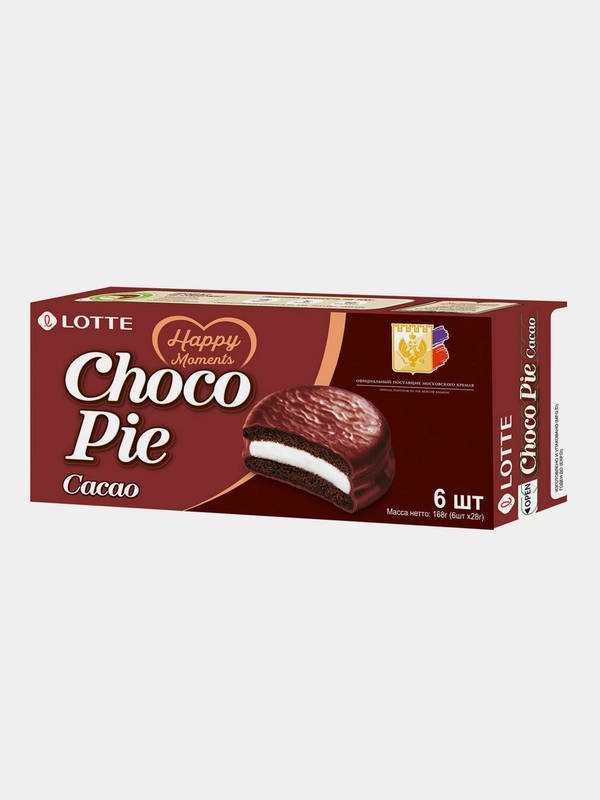 Печенье прослоенное глазированное Lotte Chocopie Cacao, упаковка 168г (28г х 6шт)