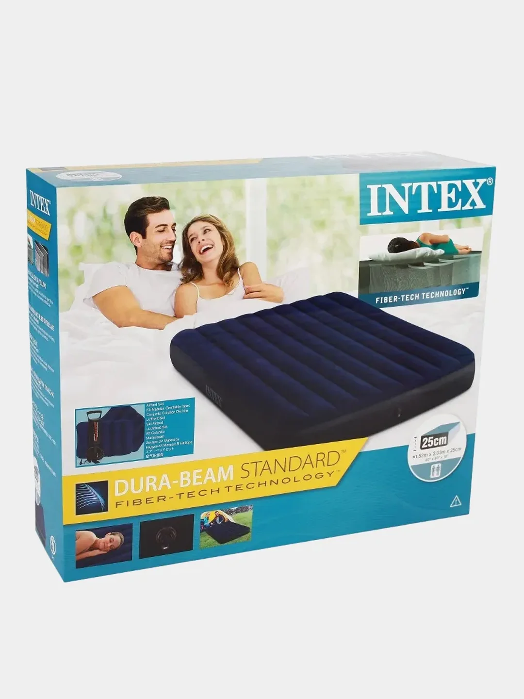 Синий надувной матрас Intex 152 х 203 х 25 см "Classic" с подушками и насосом