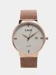 Золотой наручные часы Lige 9801 с календарём, в подарочной упаковке