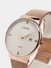Золотой наручные часы Lige 9801 с календарём, в подарочной упаковке