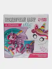 Набор бумажной посуды, с масками "Волшебный единорог": 6 тарелок, 6 стаканов, 6 масок