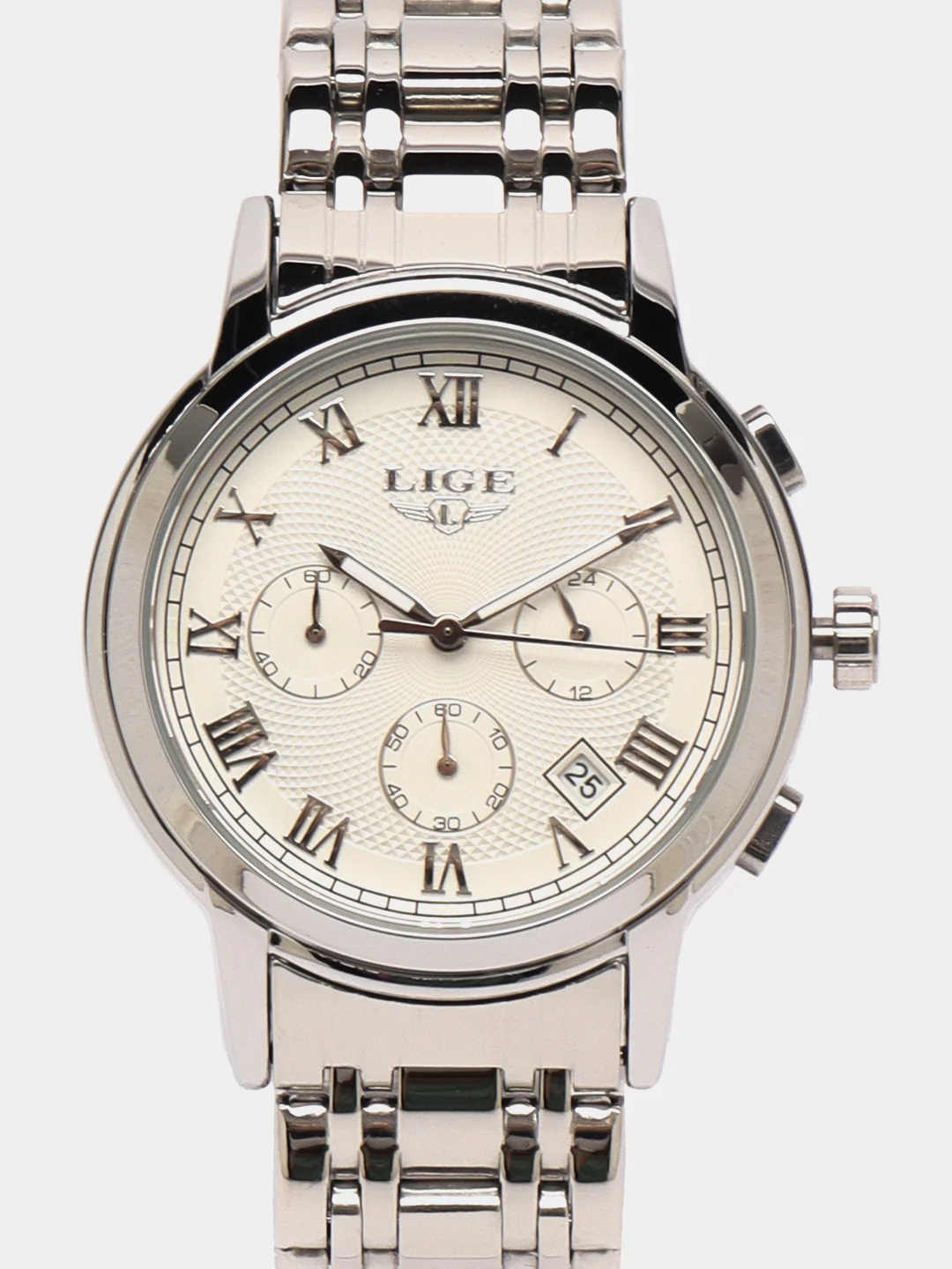 Серебряный мужские наручные часы Lige LG9849 c хронографом, в подарочной упаковке