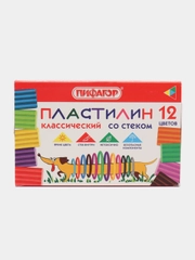 Пластилин классический для лепки для школы и сада Пифагор, 12 цветов, Со Стеком, 106675
