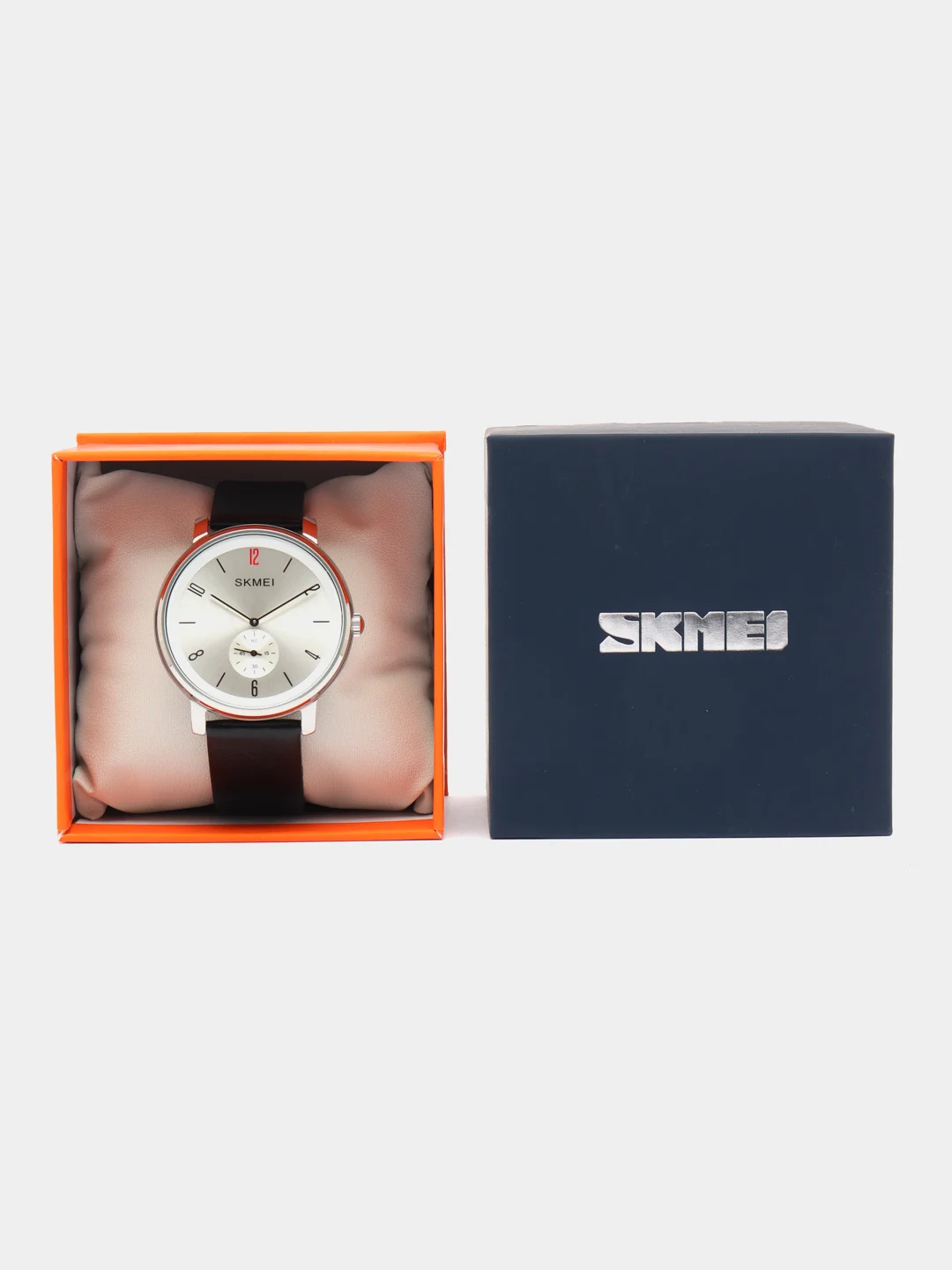 Серебряный мужские наручные часы Skmei 1398L с кожаным ремешком