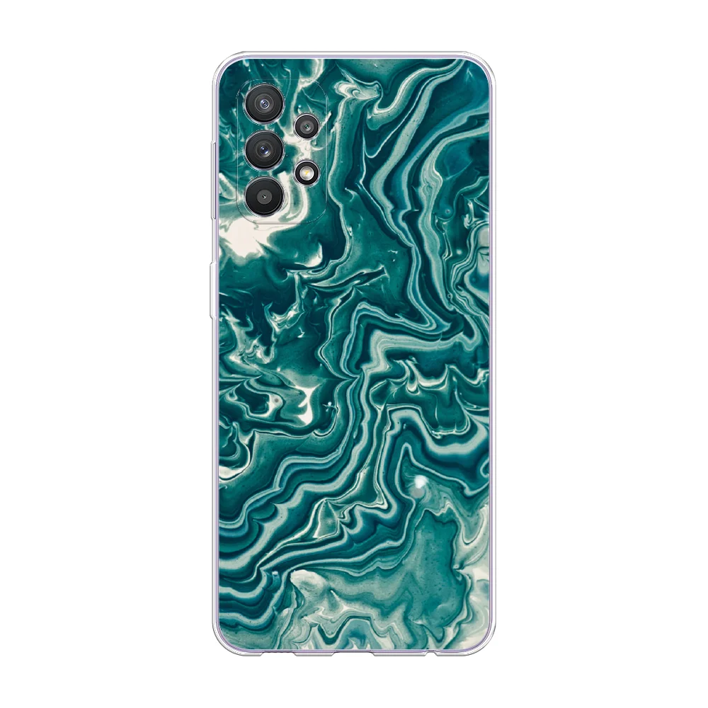 Тёмно-бирюзовый силиконовый чехол на Samsung Galaxy A32 / Самсунг А32 прозрачный с рисунком, защита камеры