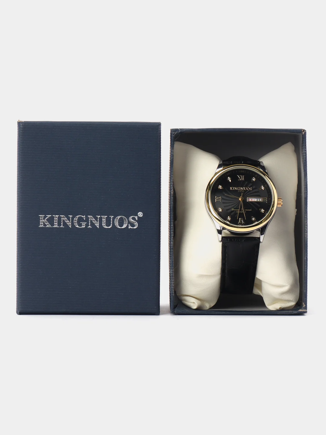 Черный наручные часы мужские KINGNUOS K-1856 с календарем, в подарочной упаковке