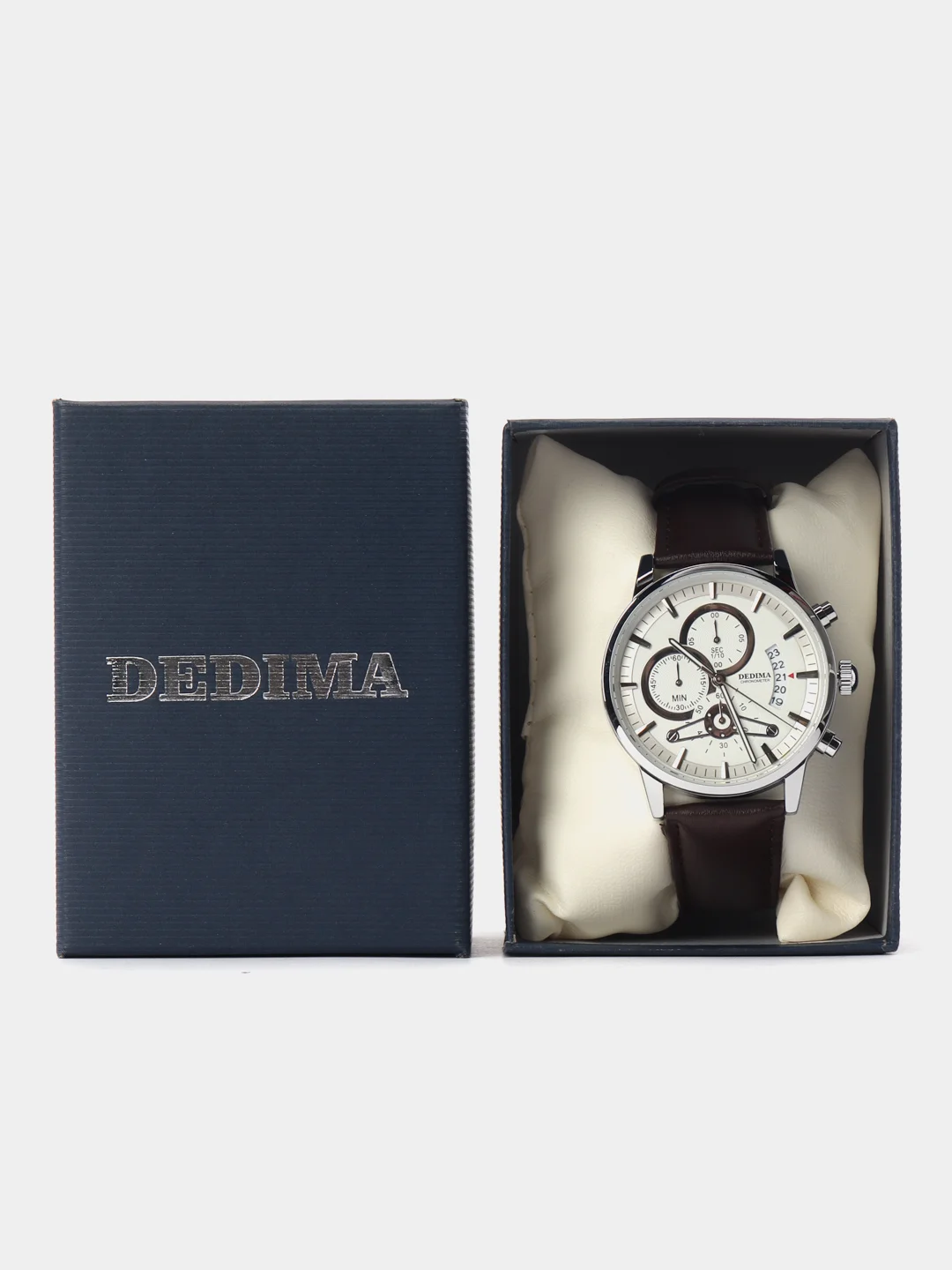 Серебряный мужские наручные часы Dedima D-159, с кожаным ремешком и хронографом