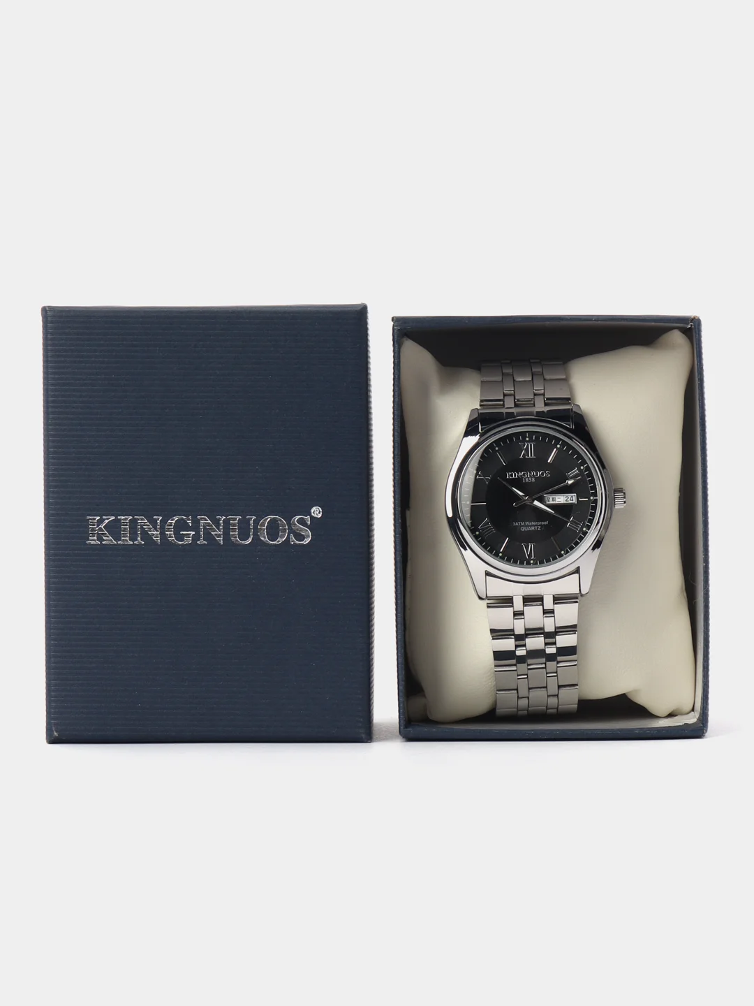 Серебряный мужские наручные часы KINGNUOS K-1858 с календарем, в подарочной упаковке