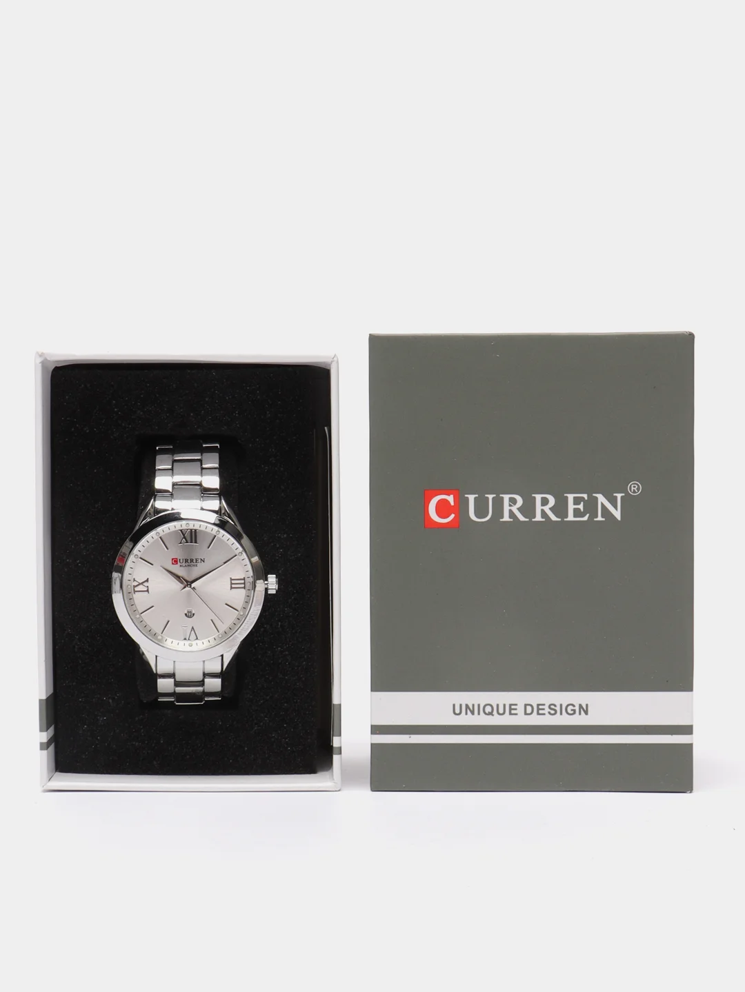 Серебряный женские наручные часы Curren 9007 с календарём в подарочной упаковке