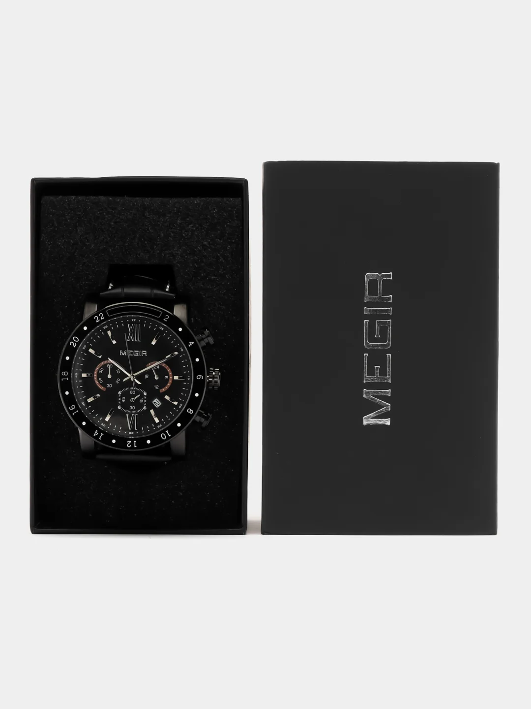 Черный мужские наручные часы Megir ML3008G, c хронографом, в подарочной упаковке