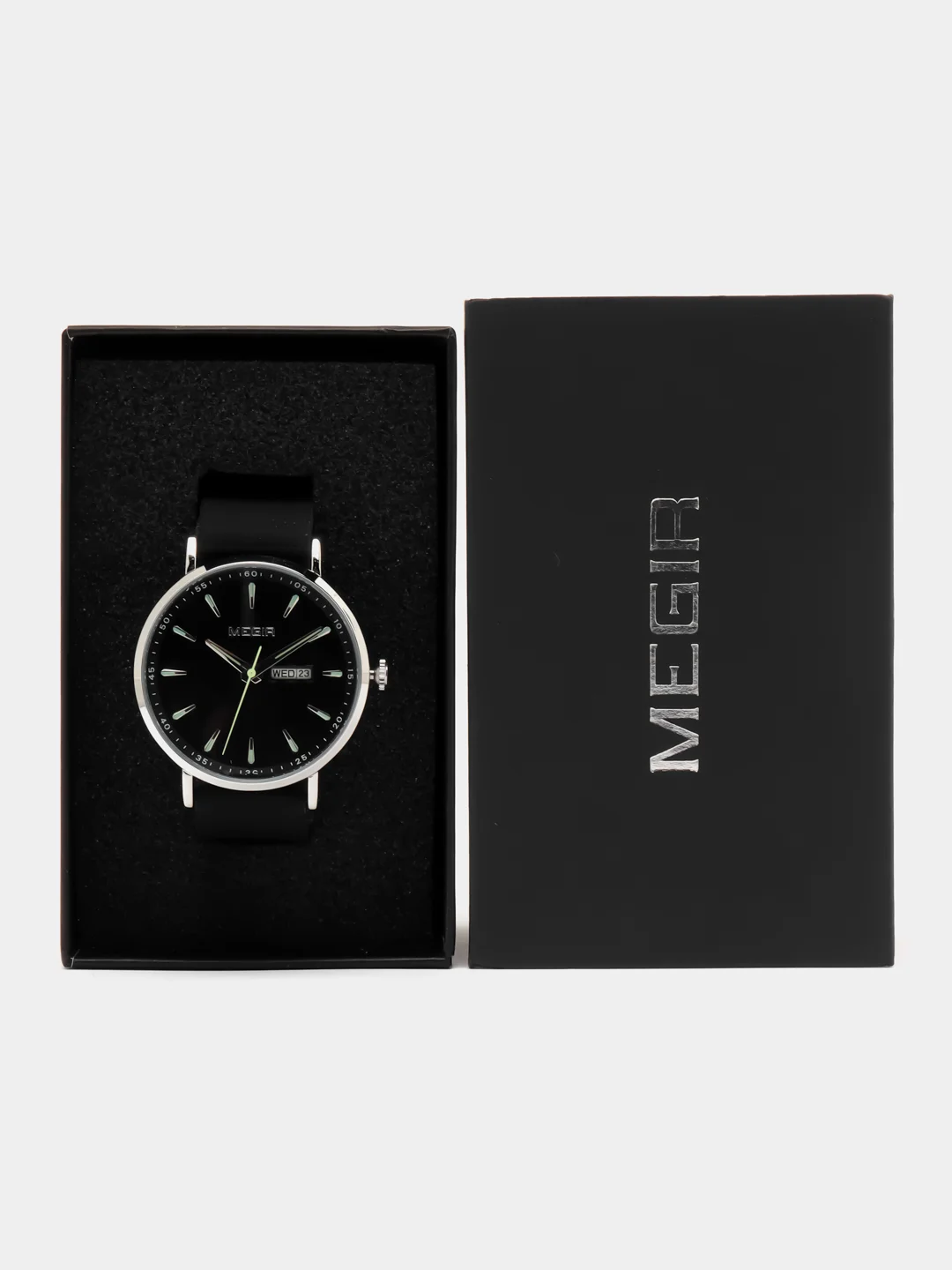 Серебряный мужские наручные часы Megir MN1081G с календарём, в подарочной упаковке