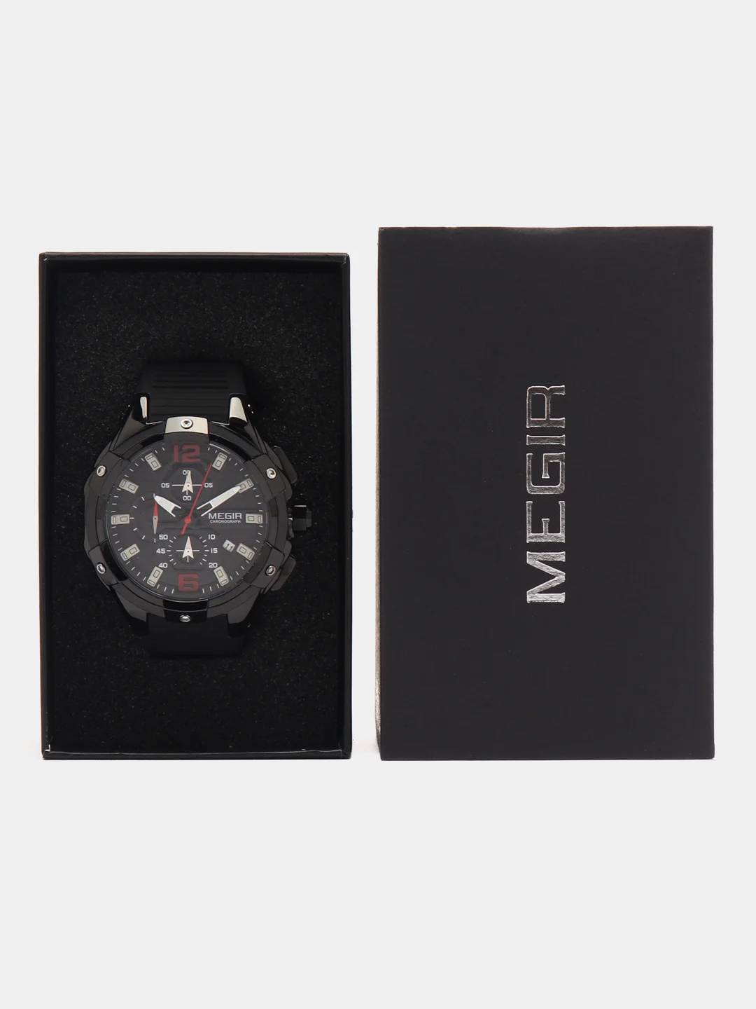 Черный мужские наручные часы Megir MN2161G, с хронографом, в подарочной упаковке