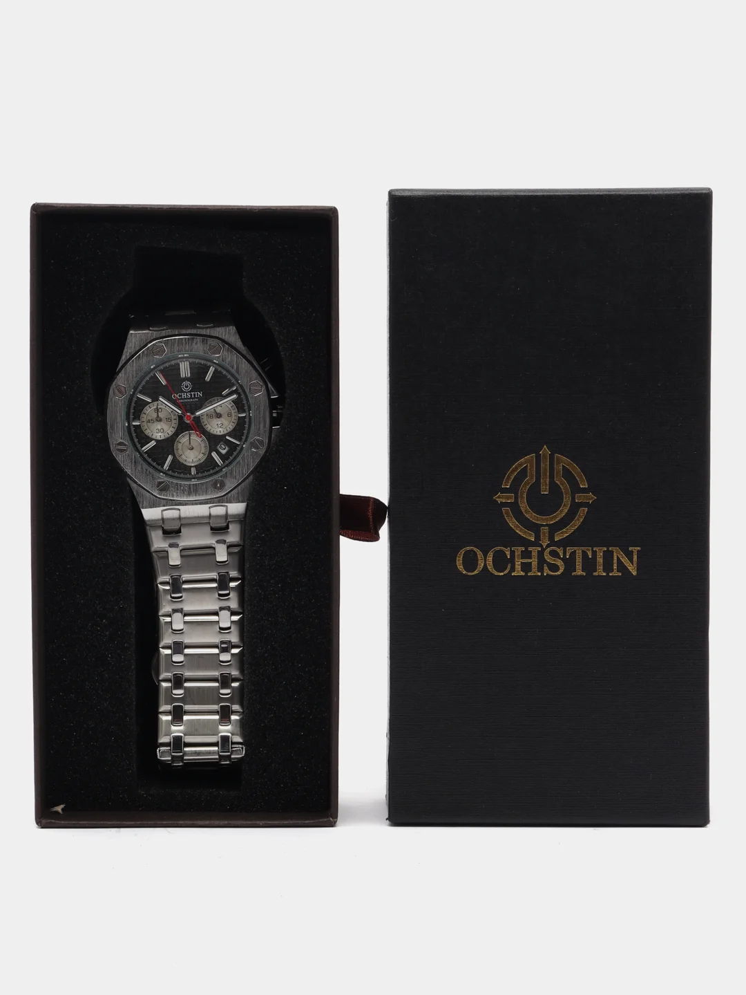 Серебряный мужские наручные часы Ochstin 6100B с хронографом в подарочной упаковке
