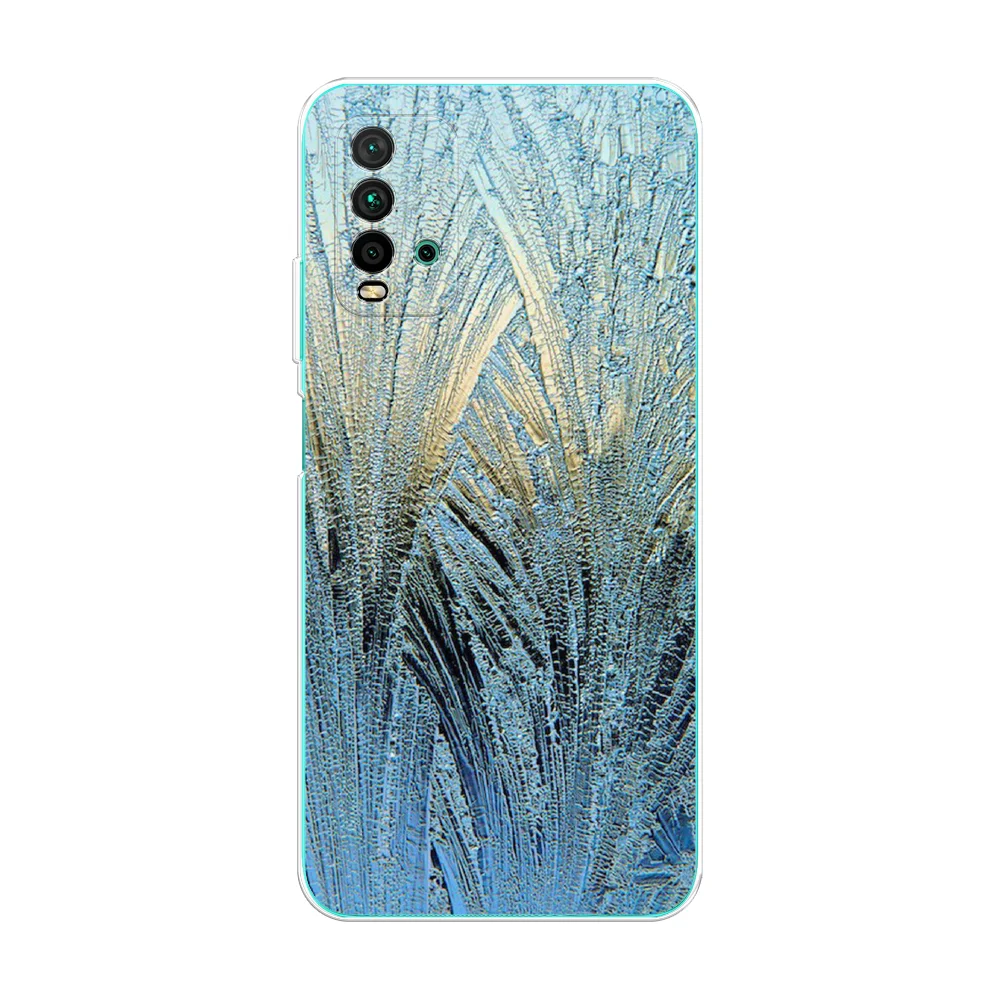 Небесно-голубой силиконовый чехол на Xiaomi Redmi 9T / Редми 9Т прозрачный, с рисунком, защита камеры