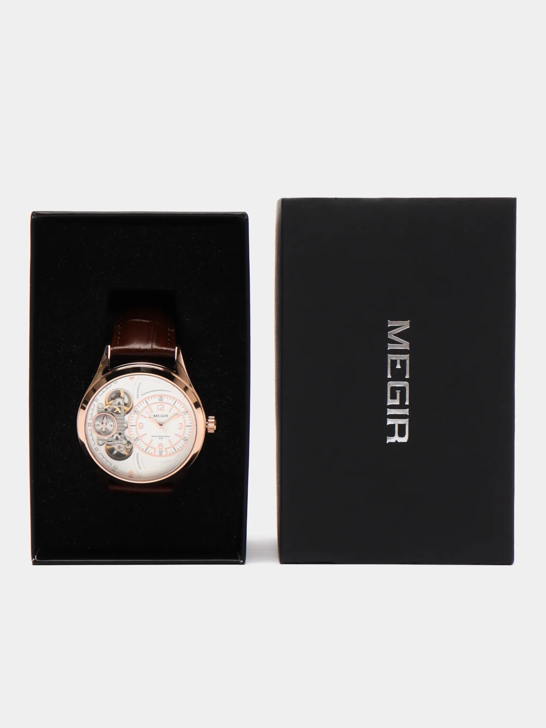 Коричневый мужские наручные часы скелетоны Megir ML2017G, с хронографом, в подарочной упаковке