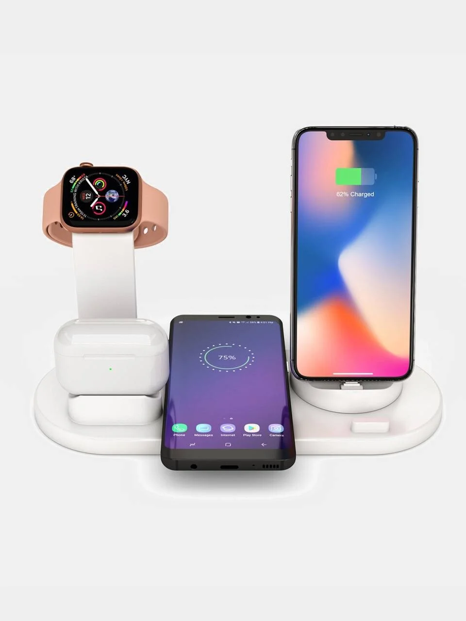 Белый беспроводная зарядка, док-станция для iPhone, Android, iWatch и AirPods