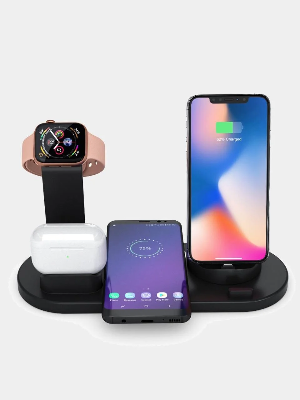Черный беспроводная зарядка, док-станция для iPhone, Android, iWatch и AirPods