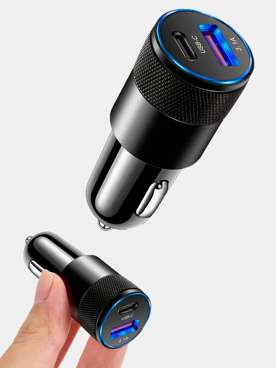 Черный автомобильное зарядное устройство Type-C, USB, 3.1 А, в прикуриватель, с быстрой зарядкой