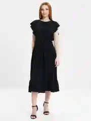 Черный женское платье с поясом, летнее, с юбочкой воланом