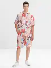Розовый мужской летний пляжный костюм, двойка, рубашка, шорты