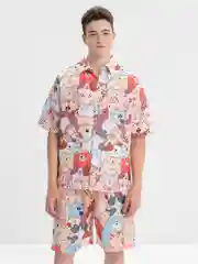 Розовый мужской летний пляжный костюм, двойка, рубашка, шорты