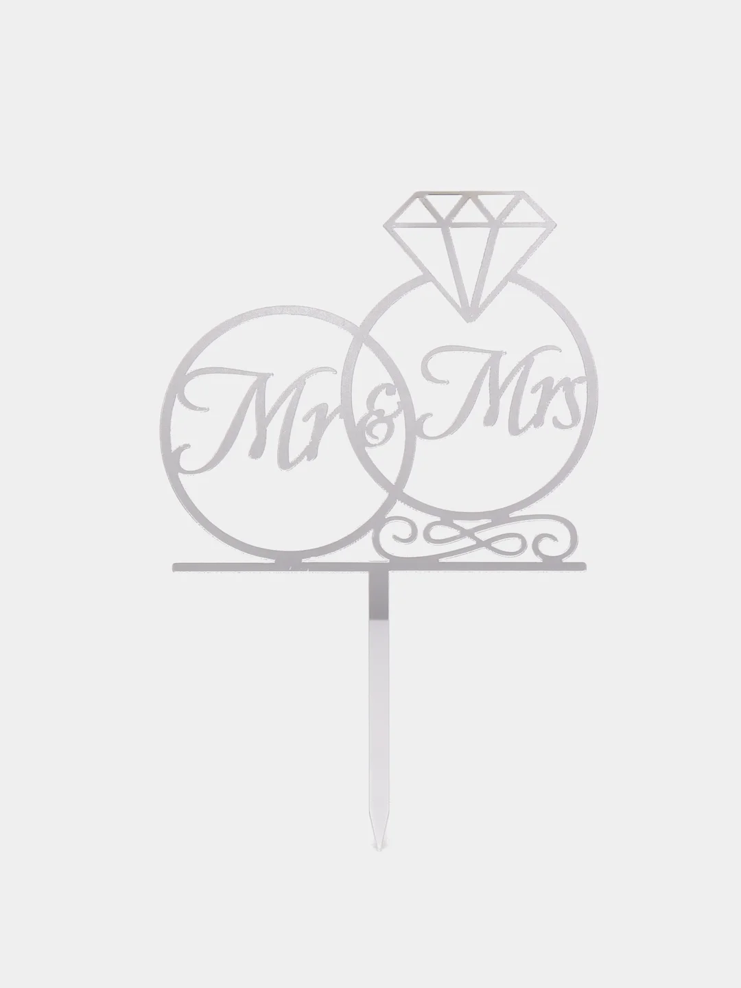 Серебряный топпер #Т33 в форме колец с надписью "Mr&Mrs" для свадебного торта