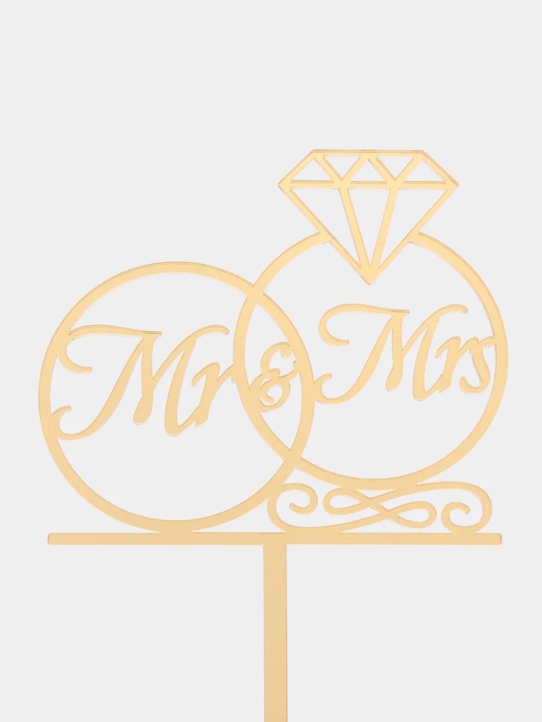 Золотой топпер #Т33 в форме колец с надписью "Mr&Mrs" для свадебного торта