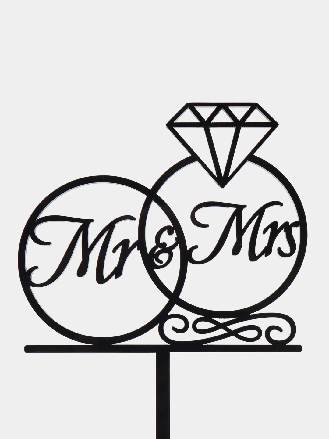 Черный топпер #Т33 в форме колец с надписью "Mr&Mrs" для свадебного торта