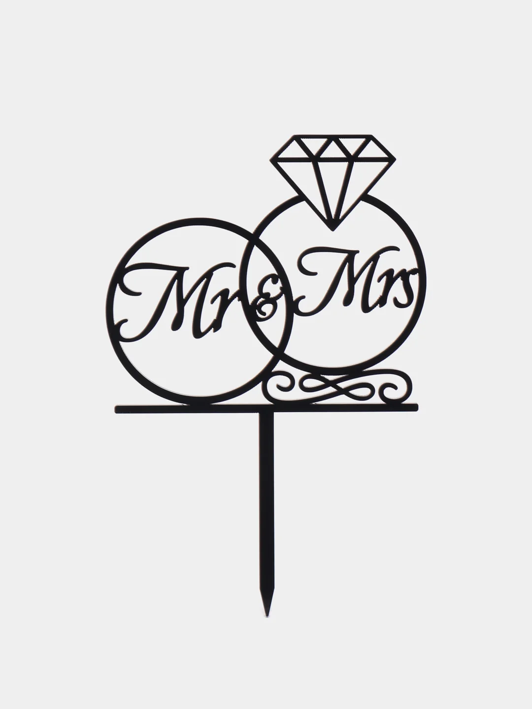 Черный топпер #Т33 в форме колец с надписью "Mr&Mrs" для свадебного торта