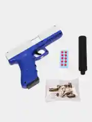 Синий пистолет игрушечный перезаряжаемый Glock с глушителем, оружие, подарок на 23 февраля