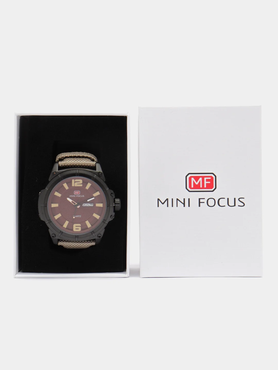Коричневый мужские наручные часы Mini Focus MF0136G, с нейлоновым ремешком и календарём