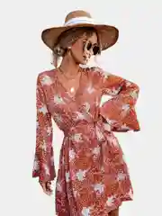 Коралловый платье женское, шелковое, выше колен, с длинными рукавами, с рисунком, с узором