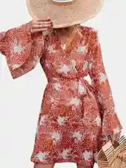 Коралловый платье женское, шелковое, выше колен, с длинными рукавами, с рисунком, с узором
