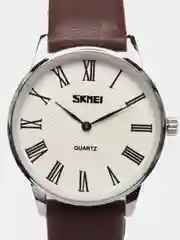 Коричневый мужские и женские классические наручные часы Skmei 9092 с кожаным ремешком
