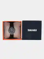 Черный мужские и женские классические наручные часы Skmei 9092 с кожаным ремешком