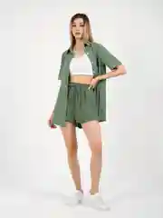 Зелёный хаки костюм-двойка женский, летний: рубашка и шорты