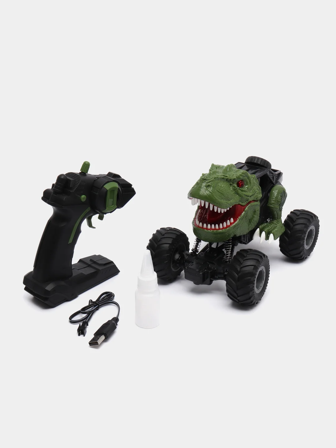 Зеленый джип радиоуправляемый DINO, свет и звук, дым, работает от аккумулятора