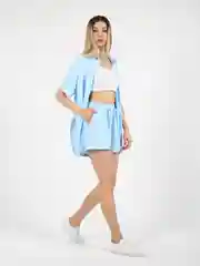 Небесно-голубой костюм-двойка женский, летний: рубашка и шорты
