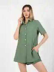 Зелёный хаки костюм-двойка женский, летний: рубашка и шорты
