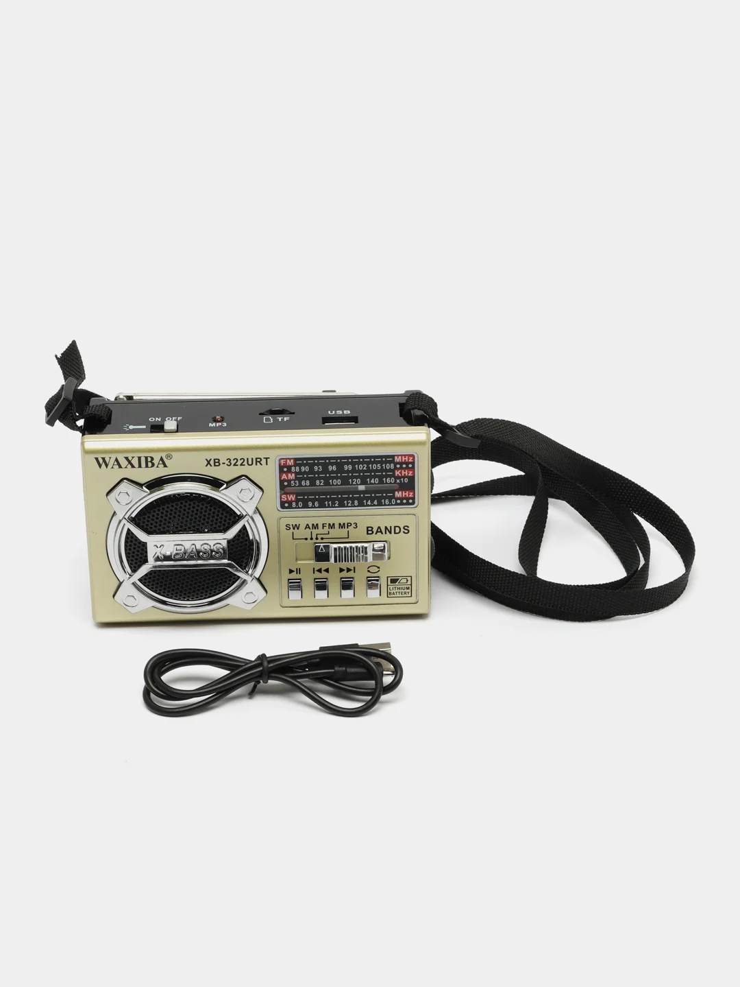 Золотой радио с фонарем и mp3 плеером WAXIBA XB-322 AM/FM, USB, SD радиоприемник