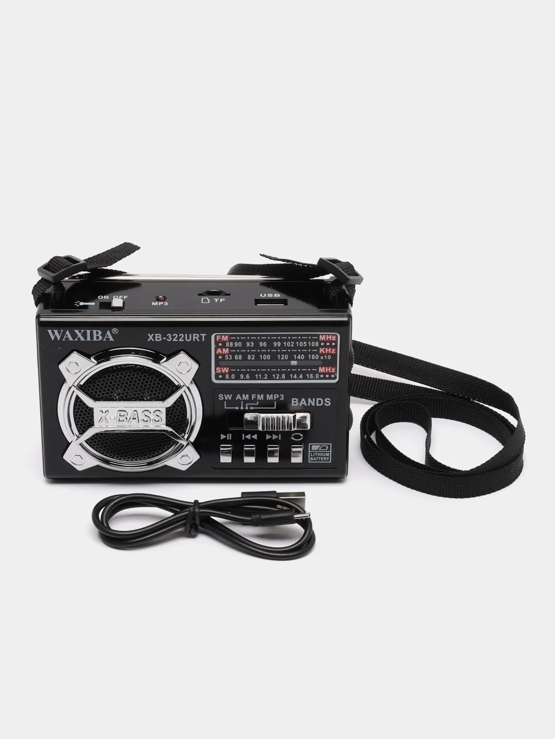 Черный радио с фонарем и mp3 плеером WAXIBA XB-322 AM/FM, USB, SD радиоприемник