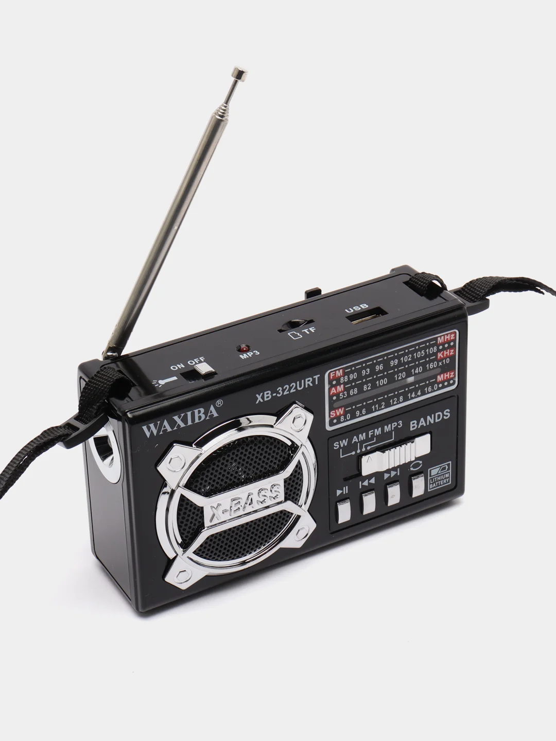 Черный радио с фонарем и mp3 плеером WAXIBA XB-322 AM/FM, USB, SD радиоприемник