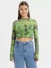 Зеленый топ сетка с длинными рукавами